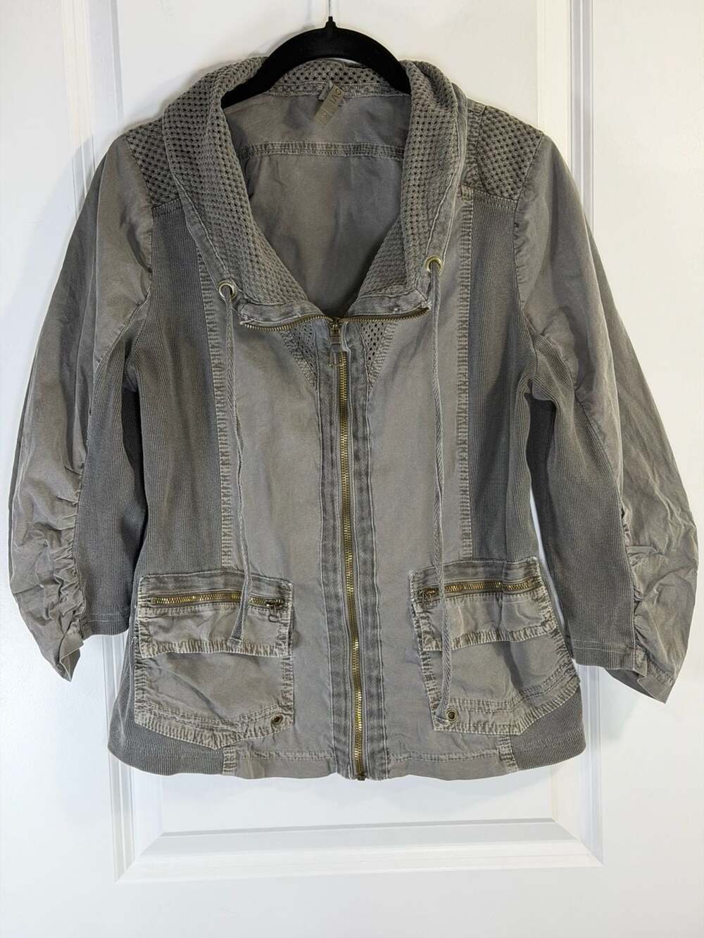 XCVI Fjord Grey Mixed Media Utility Jacket with Mesh Cowl Neck